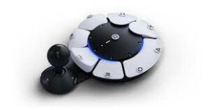 A playstation controller with white buttons and a black joystick to the left